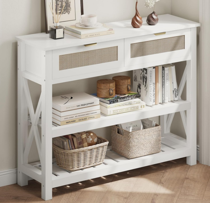 39.3“ Console Table with 2 Rattan Drawers, Entryway Table with 3-Tier Storage Shelves, Narrow Long Sofa Table for Entryway, Hallway, Foyer and Living Room, White