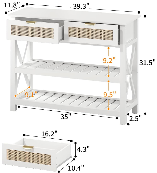 39.3“ Console Table with 2 Rattan Drawers, Entryway Table with 3-Tier Storage Shelves, Narrow Long Sofa Table for Entryway, Hallway, Foyer and Living Room, White