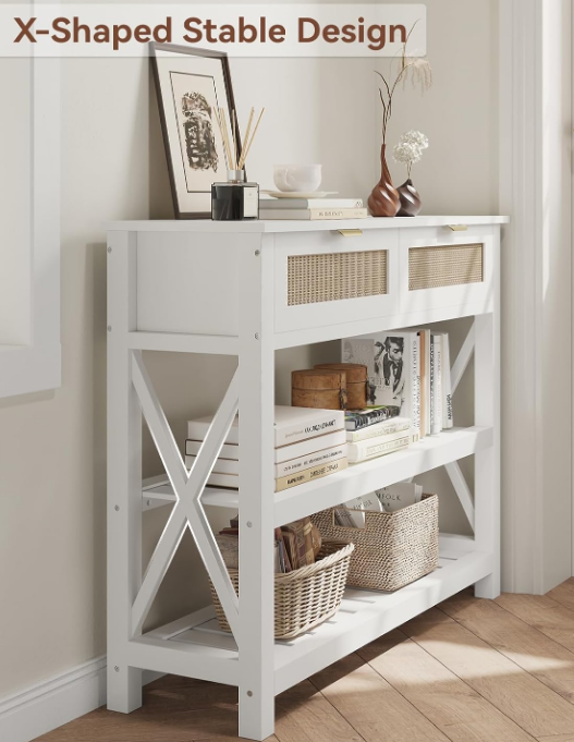 39.3“ Console Table with 2 Rattan Drawers, Entryway Table with 3-Tier Storage Shelves, Narrow Long Sofa Table for Entryway, Hallway, Foyer and Living Room, White