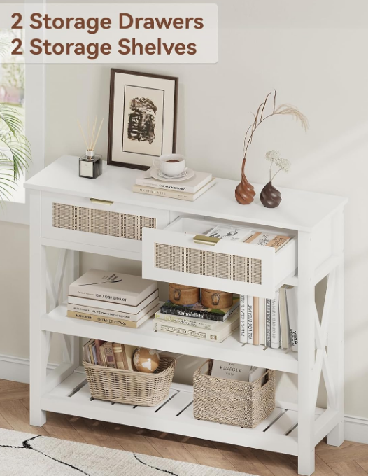 39.3“ Console Table with 2 Rattan Drawers, Entryway Table with 3-Tier Storage Shelves, Narrow Long Sofa Table for Entryway, Hallway, Foyer and Living Room, White