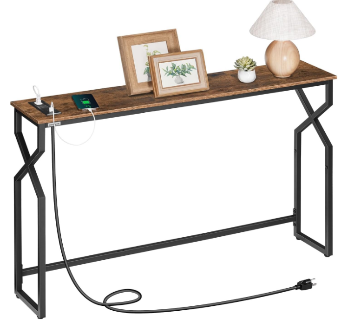 Sofa Console Table, 44.9" Entryway Table with Power Station, Narrow Couch Table, Hallway Table, Sofa Table with USB Ports, Metal Frame, for Entrance, Living Room, Rustic Brown