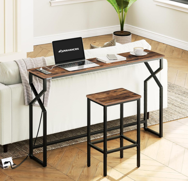 Sofa Console Table, 44.9" Entryway Table with Power Station, Narrow Couch Table, Hallway Table, Sofa Table with USB Ports, Metal Frame, for Entrance, Living Room, Rustic Brown