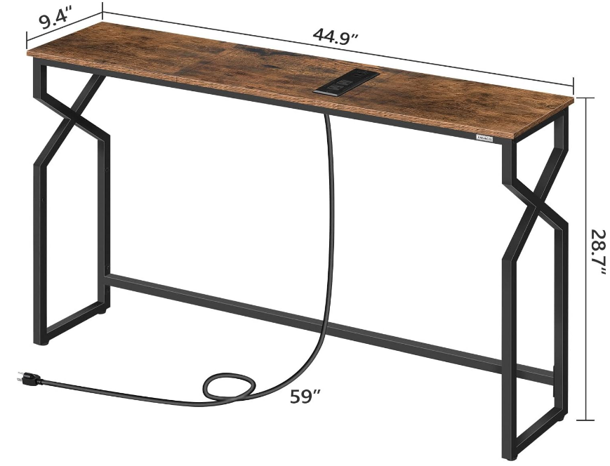 Sofa Console Table, 44.9" Entryway Table with Power Station, Narrow Couch Table, Hallway Table, Sofa Table with USB Ports, Metal Frame, for Entrance, Living Room, Rustic Brown