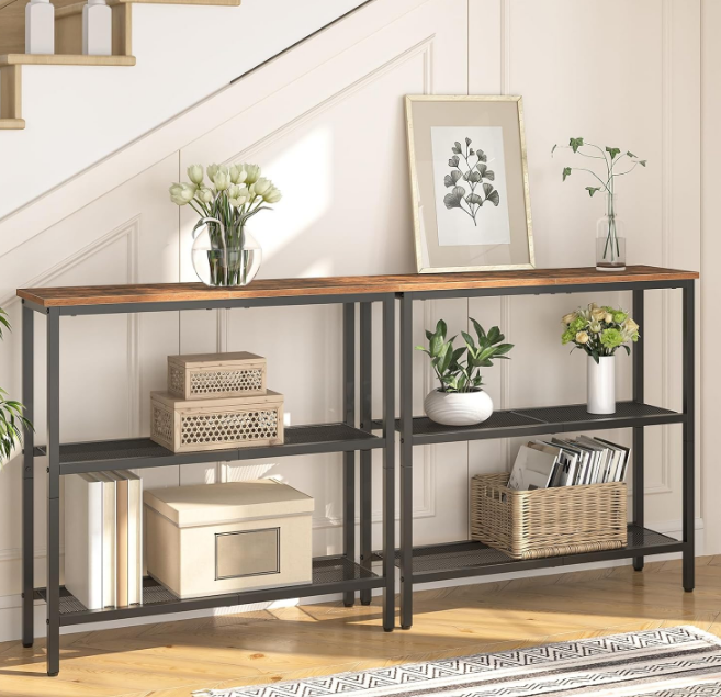 29.5" Narrow Console Table, 3-Tier Entryway Table, Thin Sofa Table with Shelves, Side Table, Display Table, for Hallway, Entrance, Living Room, Bedroom, Rustic Brown and Black