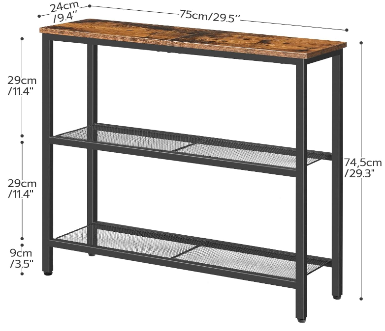 29.5" Narrow Console Table, 3-Tier Entryway Table, Thin Sofa Table with Shelves, Side Table, Display Table, for Hallway, Entrance, Living Room, Bedroom, Rustic Brown and Black