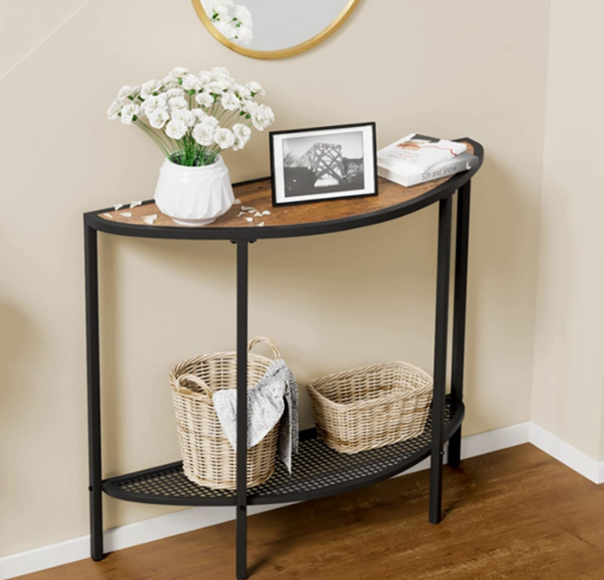 Console Table 2 Tier Narrow Entryway Table with Storage Half Moon Sofa Couch Table Mid Century Modern Small Entry Way Tables , Easy Assembly, Dark Walnut Top