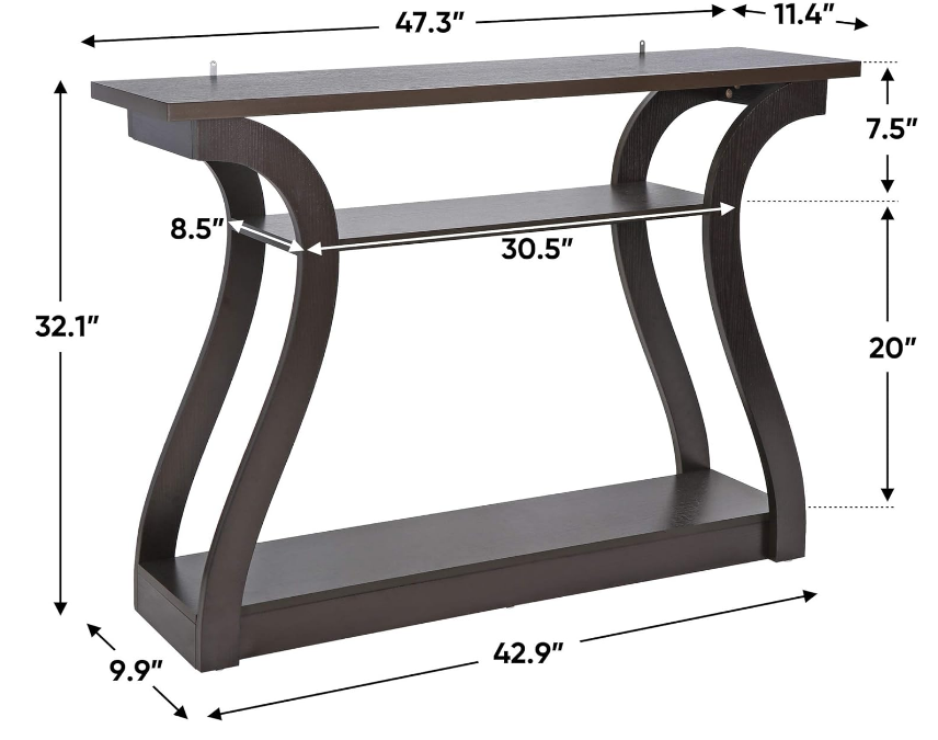 3 Tier Narrow Console Table Accent Sofa Table Wood Entryway Table Decorative Hallway Table with Shelves, Curved Frame for Living Room Front Door Entrance, 47 in Espresso