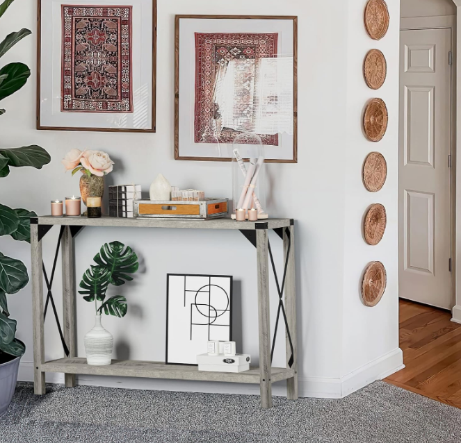43 Inch Narrow Console Table, 2-Tier Wood Accent Sofa Table Furniture for Entryway, Living Room, Hallway, Easy Assembly (Grey, 43" X 11.8" X 30")