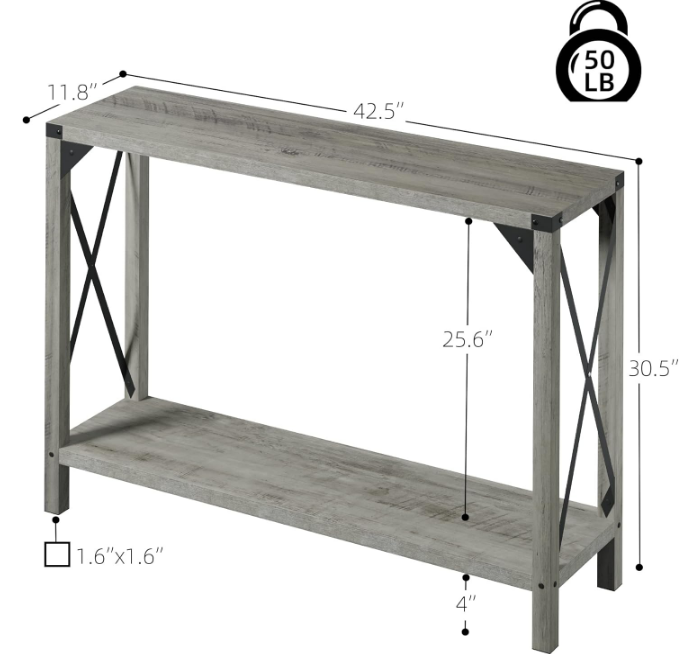 43 Inch Narrow Console Table, 2-Tier Wood Accent Sofa Table Furniture for Entryway, Living Room, Hallway, Easy Assembly (Grey, 43" X 11.8" X 30")