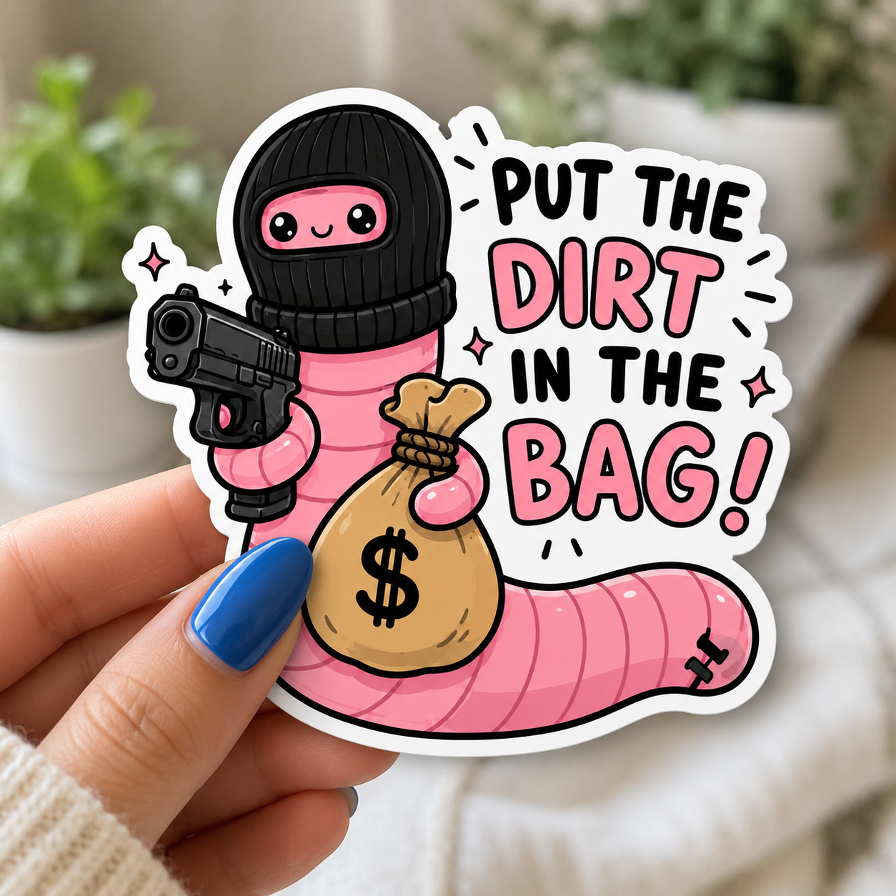 Put the Dirt in the Bag! Funny Robber Worm Sticker