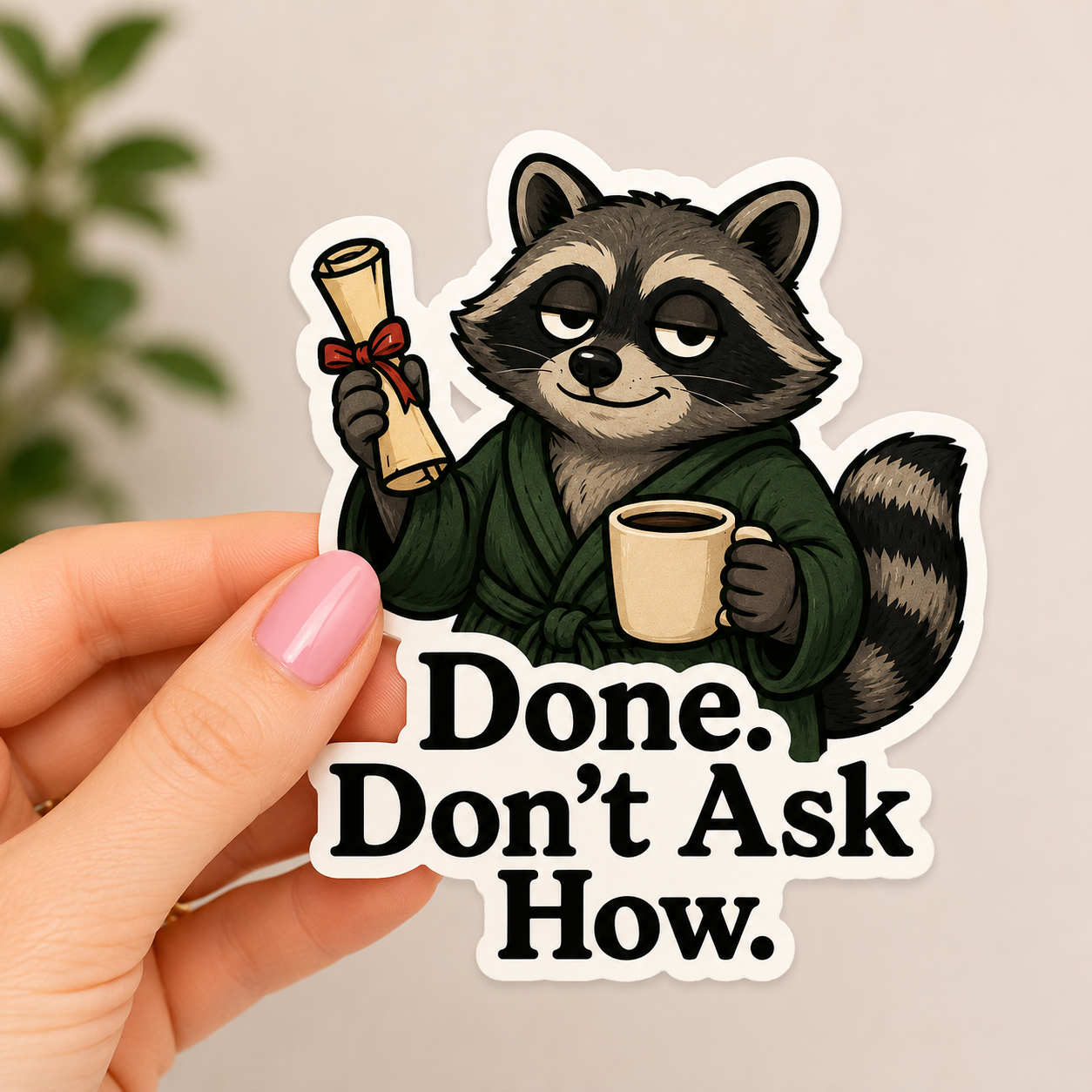 Done.  Don't Ask How Funny Raccoon Motivation Sticker