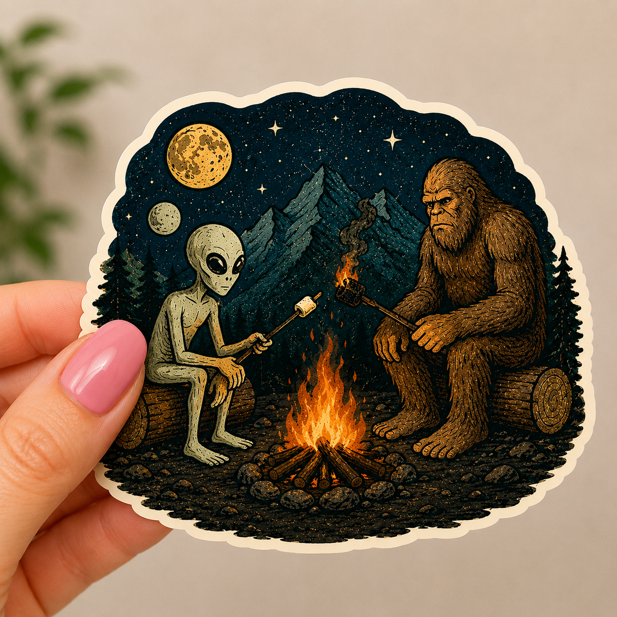 Alien and Bigfoot Campfire Sticker