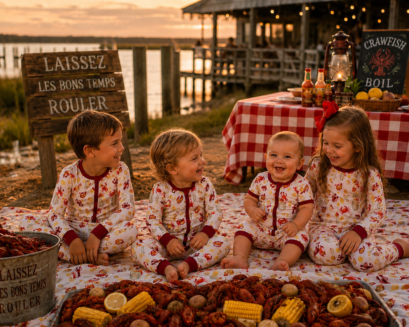 Down Da Bayou Premium Bamboo Matching Kids Crawfish Pajamas