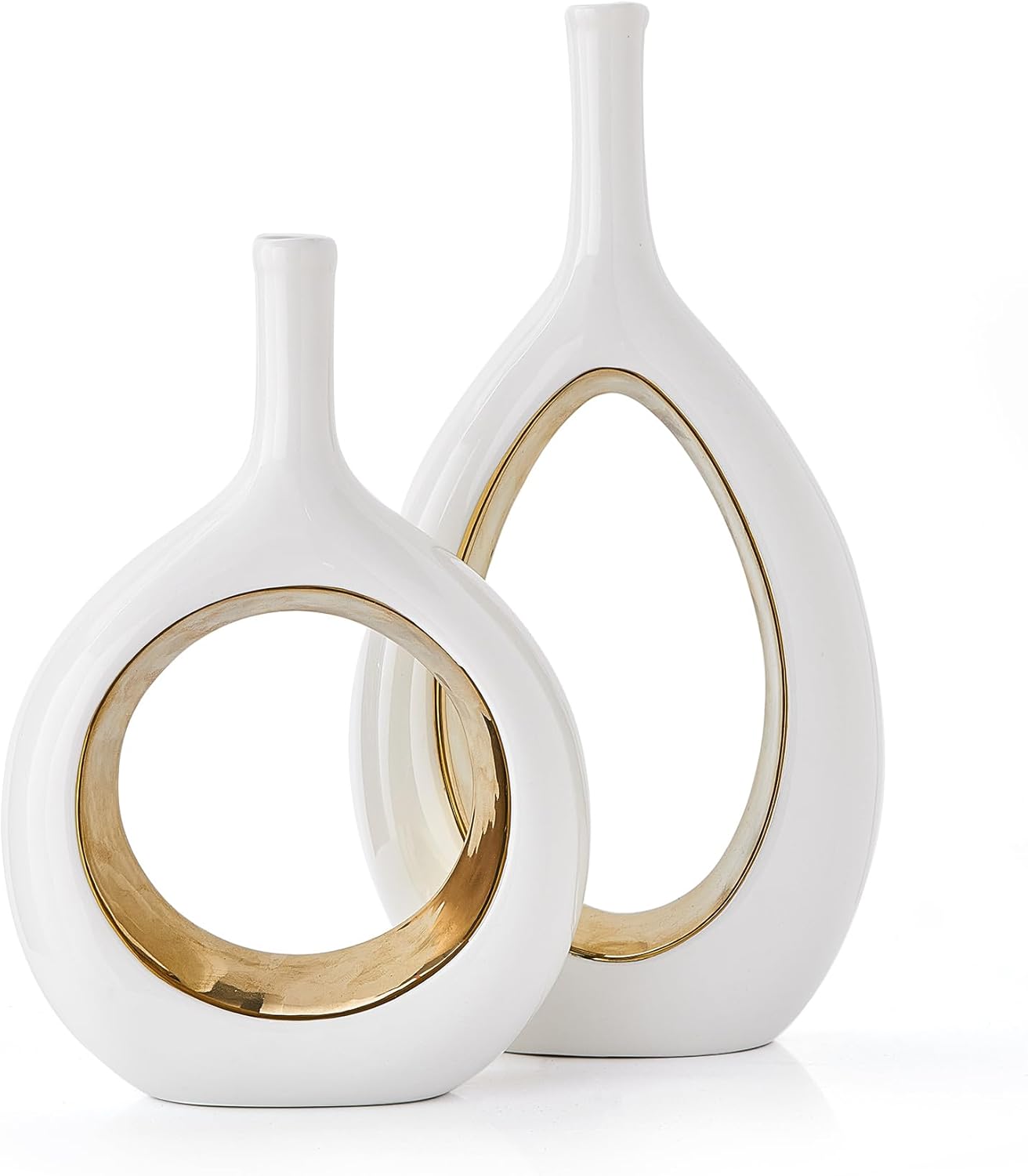 Octdays - Jarrón de cerámica de oro blanco, juego de 2 para decoración del hogar, jarrones de flores de elipse huecas minimalistas para estantería, soporte de televisión, cocina, rústico, chimenea,