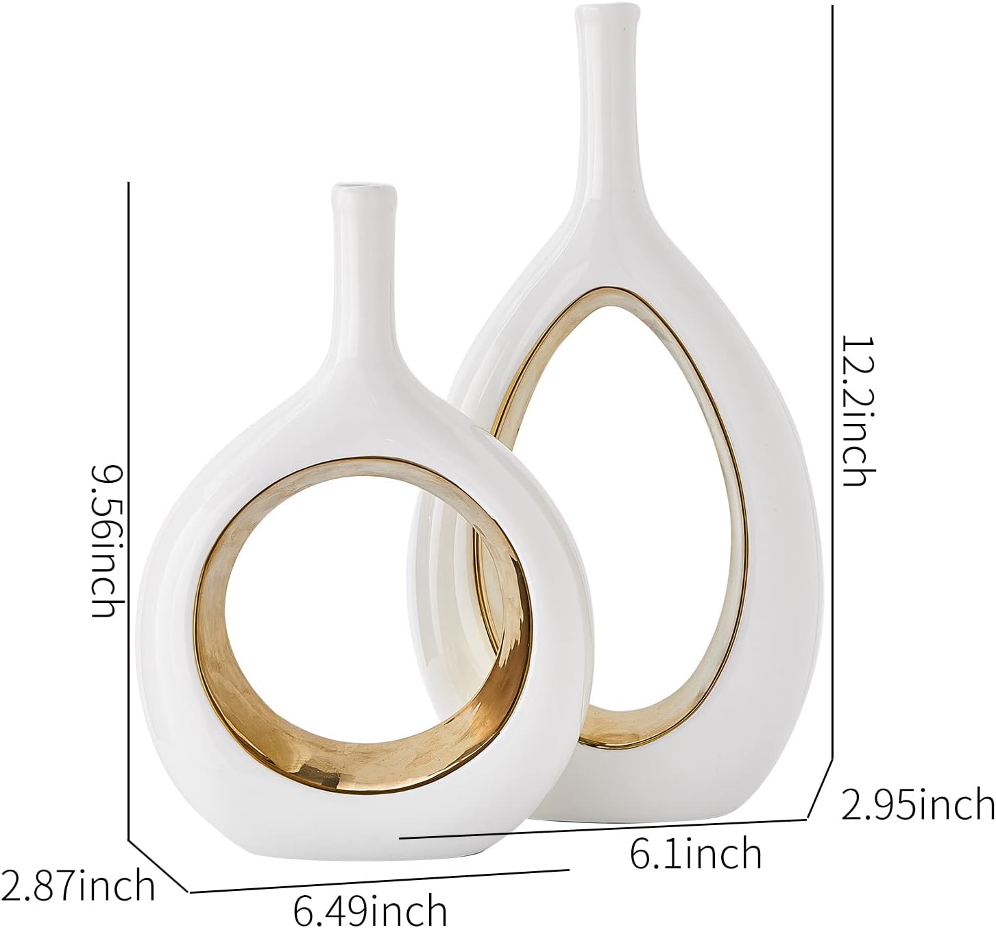 Octdays - Jarrón de cerámica de oro blanco, juego de 2 para decoración del hogar, jarrones de flores de elipse huecas minimalistas para estantería, soporte de televisión, cocina, rústico, chimenea,