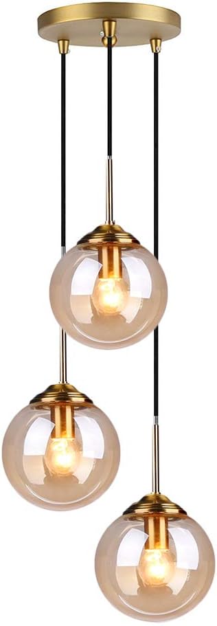 H XD GLOBAL - Lámpara colgante industrial retro de 3 vías, lámpara colgante de racimo, accesorios de latón con visualización de globo de vidrio (ámbar)