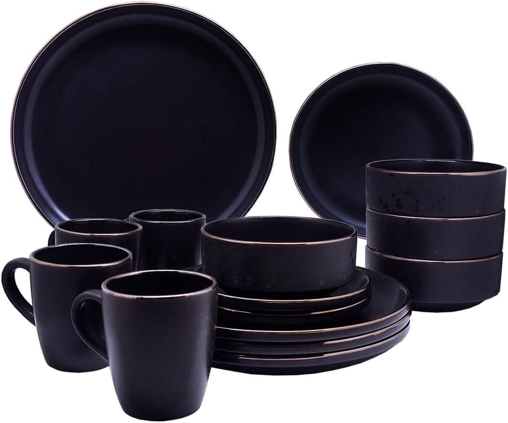 Royal Haus By Apolo | Vajilla de Cerámica Elegante De 16 Piezas: Taza, Plato Sopero, Plato Ensaladero Y Plato Trinche 23C105 Negro