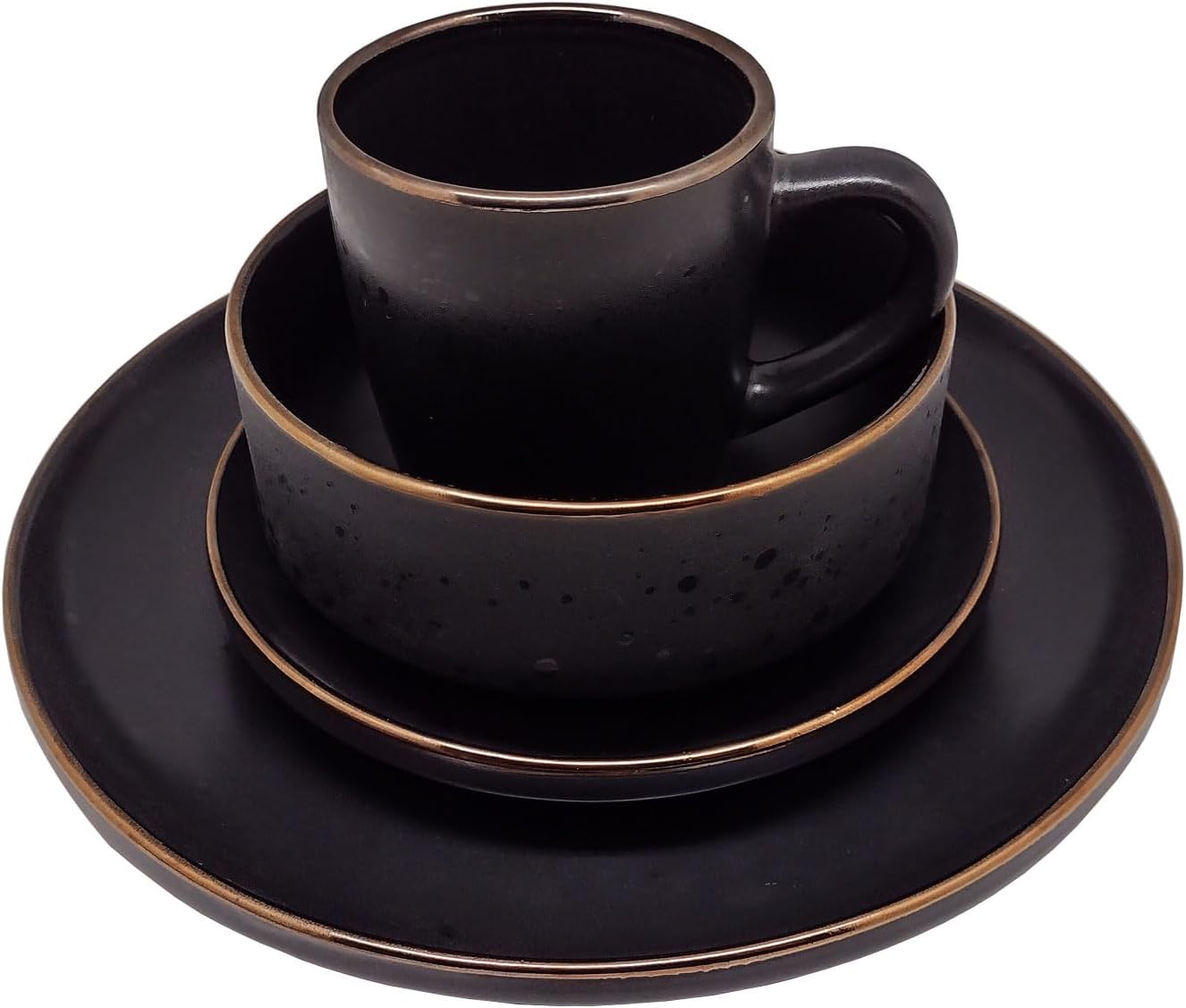 Royal Haus By Apolo | Vajilla de Cerámica Elegante De 16 Piezas: Taza, Plato Sopero, Plato Ensaladero Y Plato Trinche 23C105 Negro
