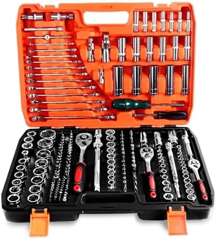 URPOW Juego de Herramientas Mecánicas y Llave de Vaso Cromadas Plata de 216 Piezas Combinación de Reparación de Automóviles