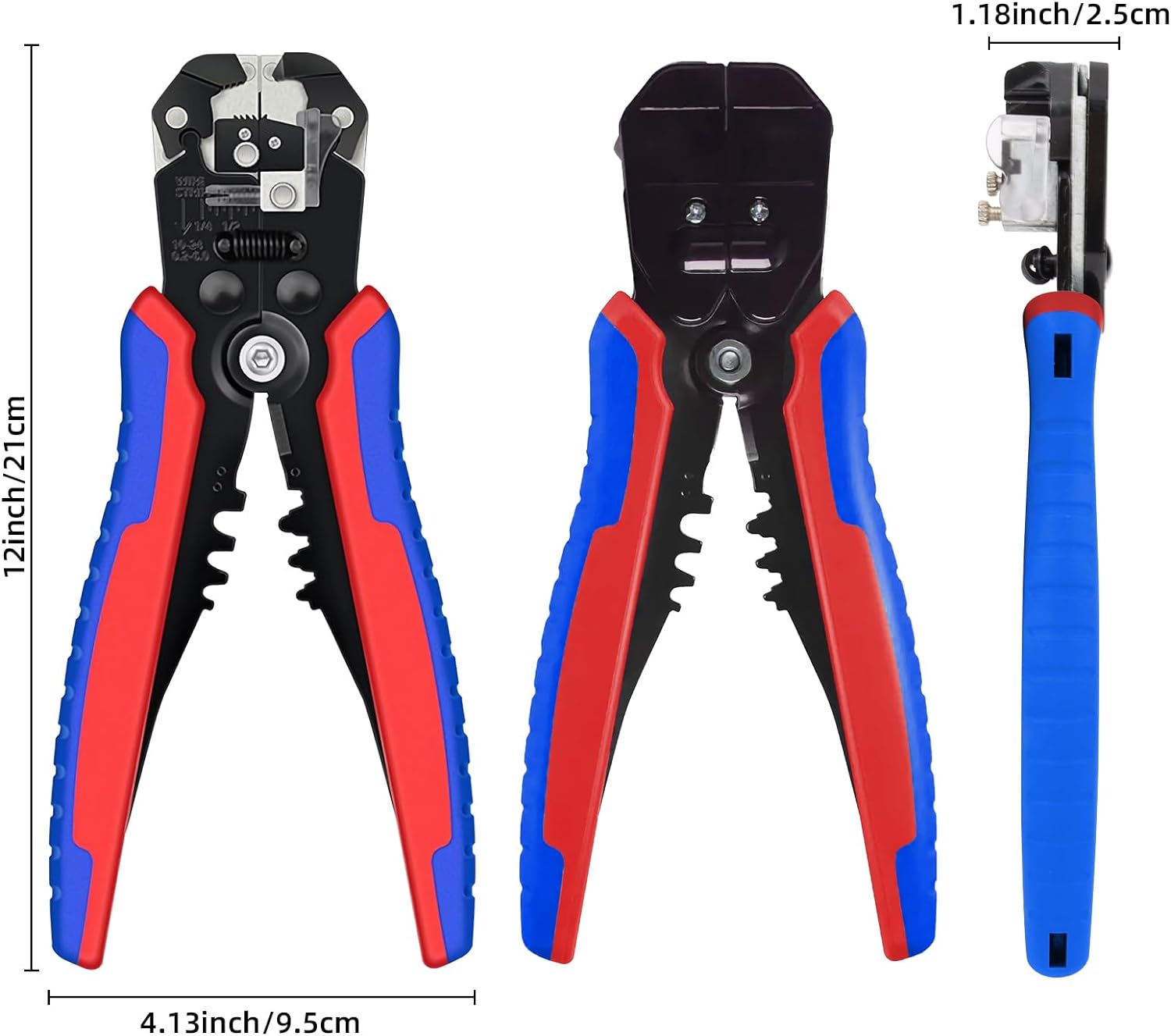 Pela Cables,3 en 1 Pinzas Pelacables Automático,Peladora/Cortadora/Crimpadora,AWG 10-24,Pelador de Cable para Electricistas,Reparación de Circuitos,Uso Industrial y Doméstico(Azul-Rojo)