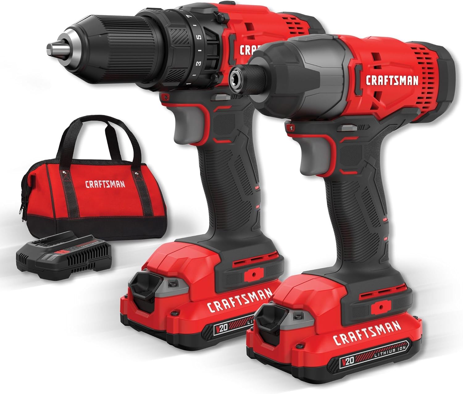 CRAFTSMAN Kit de Herramientas 20V Inalambricas con Taladro Atornillador y Atornilladro de Impacto con 2 Baterías CMCK200C2