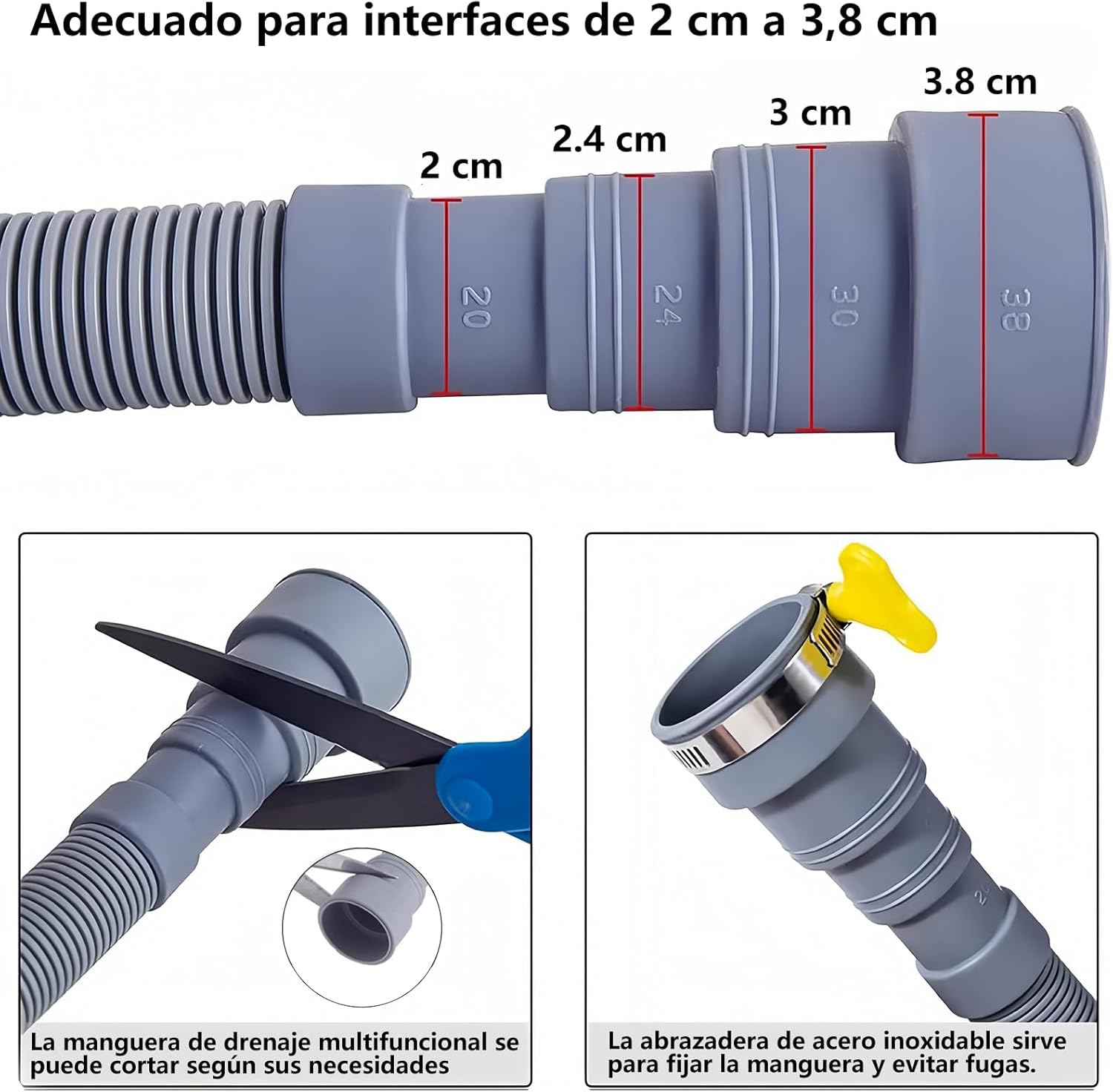 STERT Manguera de Drenaje para Lavadora, Tubo de Desagüe para Manguera de Lavadora, 200cm Universal Kit de Extensión de Manguera de Drenaje para Lavadora con 2 Clip, 1 Adptador de Extensión (2M)