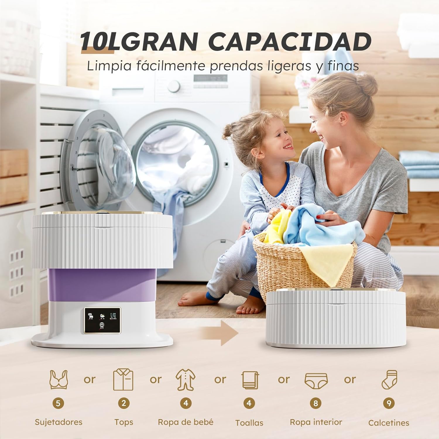 Lavadora Portatil, Mini lavadora Portatil 10L, Lavadora Portátil Pequeña, Mini Lavadora Plegable, 3 Modos de Limpieza Profunda, para Ropa Interior,Calcetines, Toallas, Hogar, Apartamento, Dormitorio