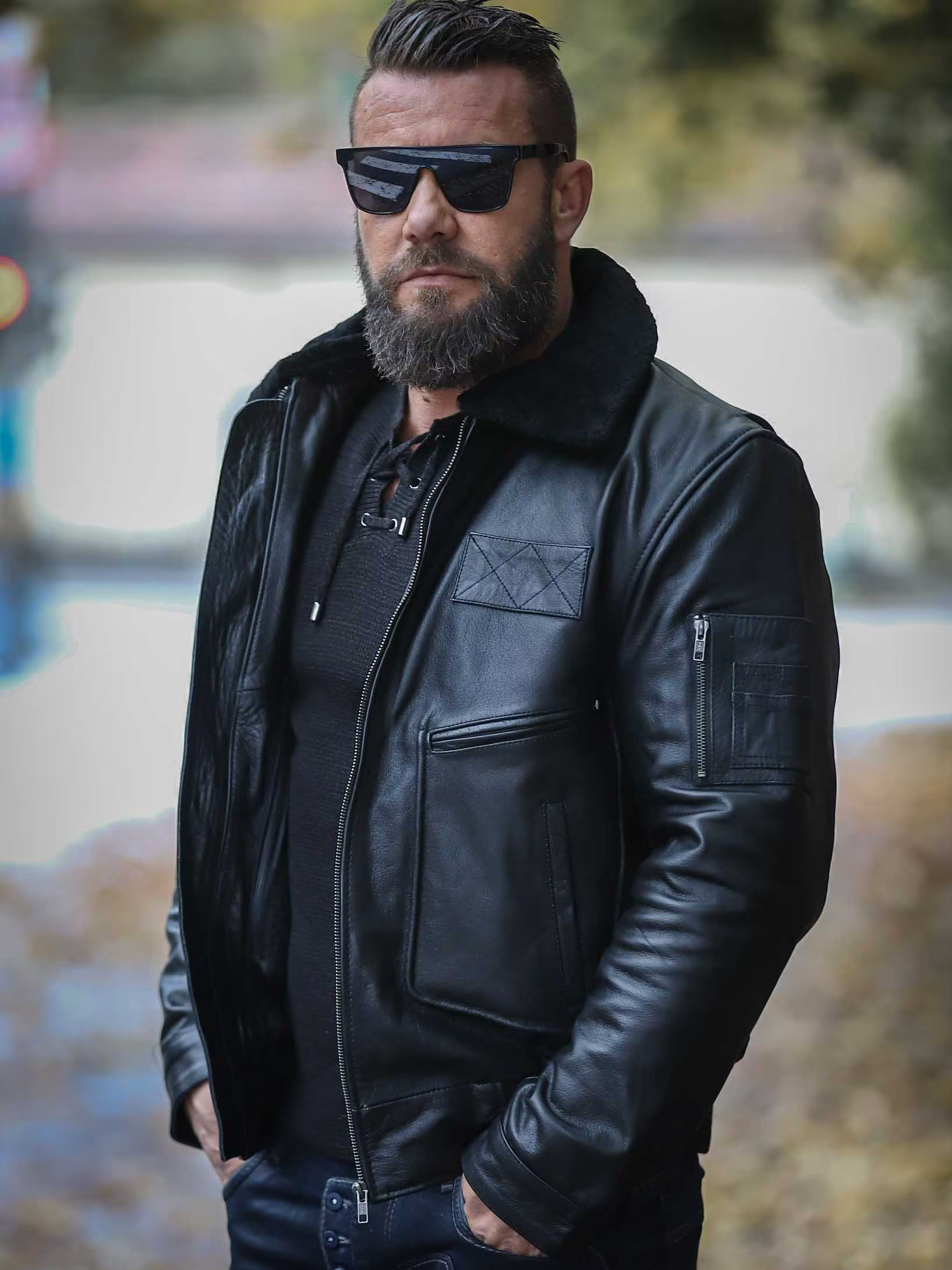 Onyx Aviator Men's Black Leather Bomber Jacket