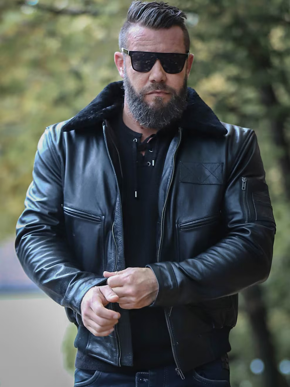 Onyx Aviator Men's Black Leather Bomber Jacket