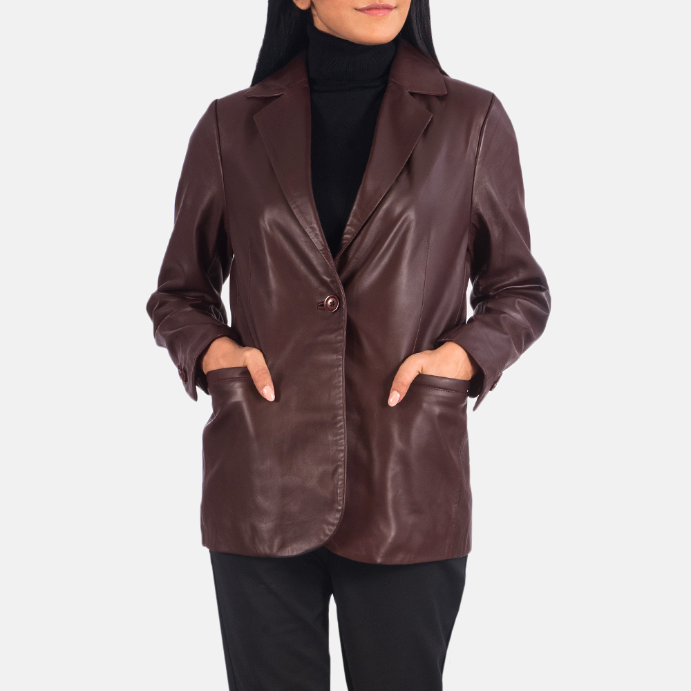 Crimson Charm Women's Maroon Leather Blazer