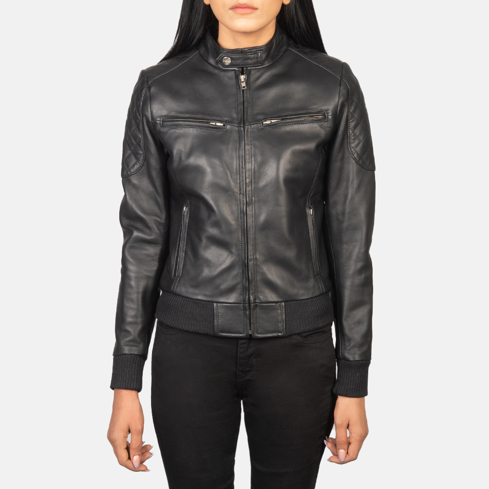 Shadow Flair Women's Black Leather Bomber Jacket with Statement Shoulders