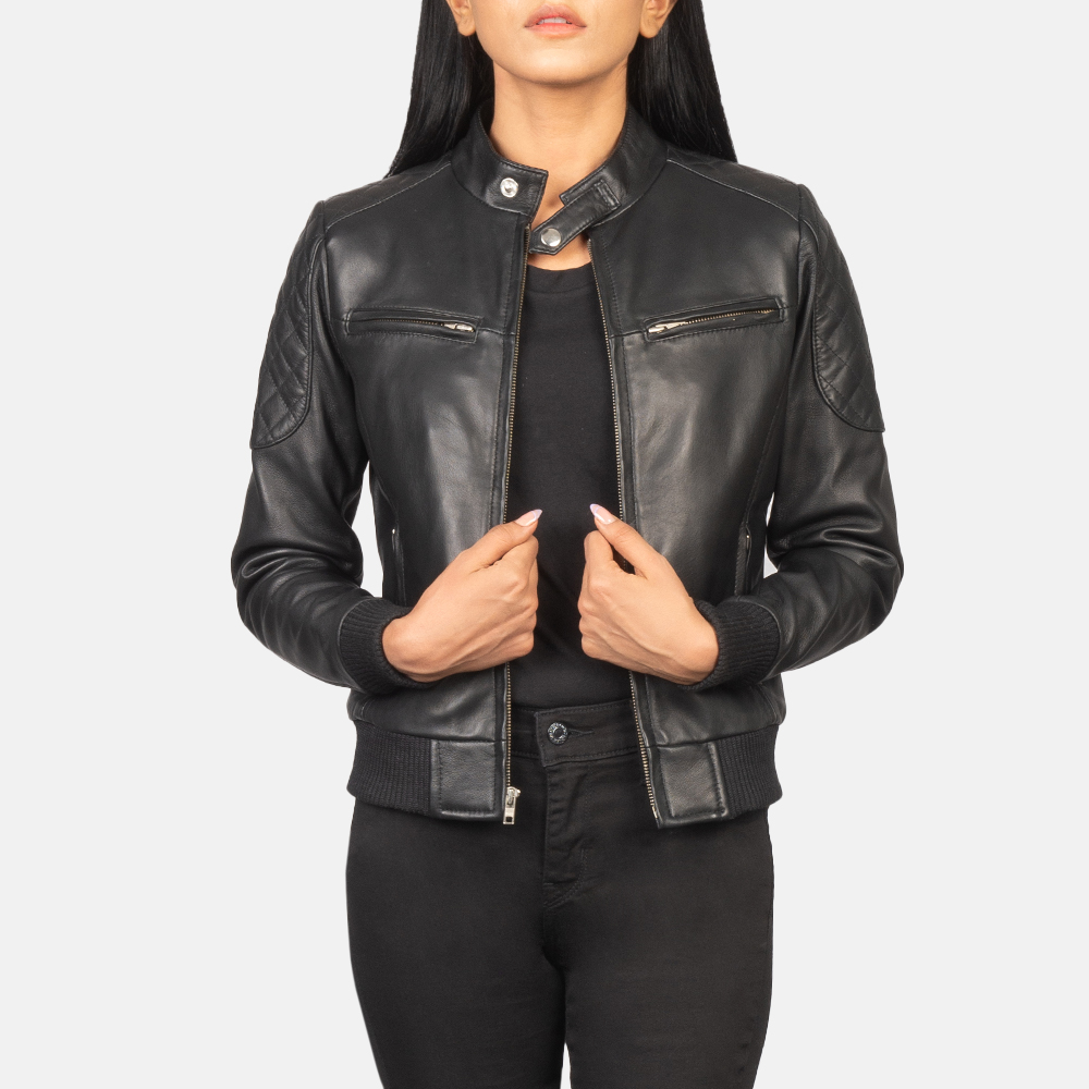 Shadow Flair Women's Black Leather Bomber Jacket with Statement Shoulders