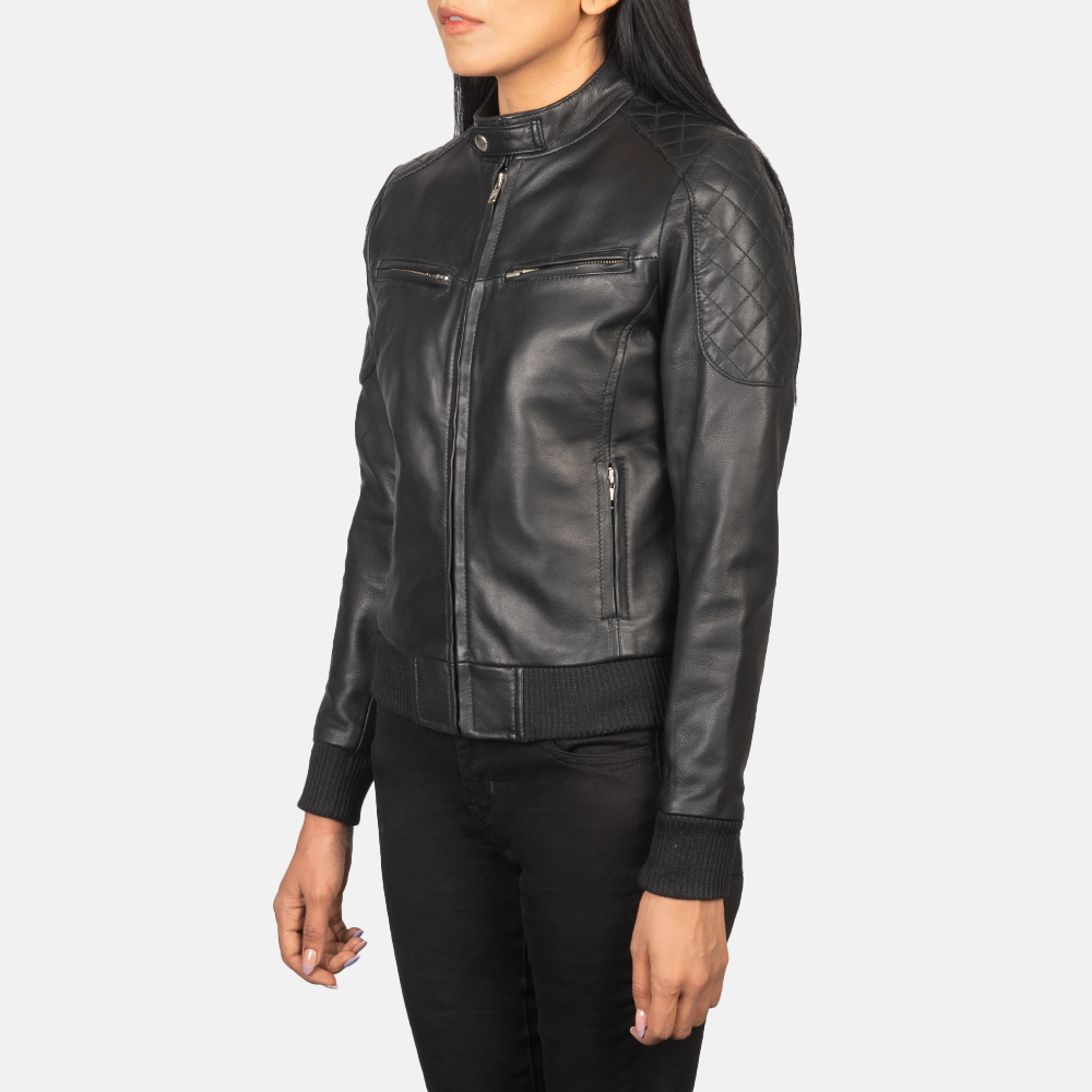 Shadow Flair Women's Black Leather Bomber Jacket with Statement Shoulders