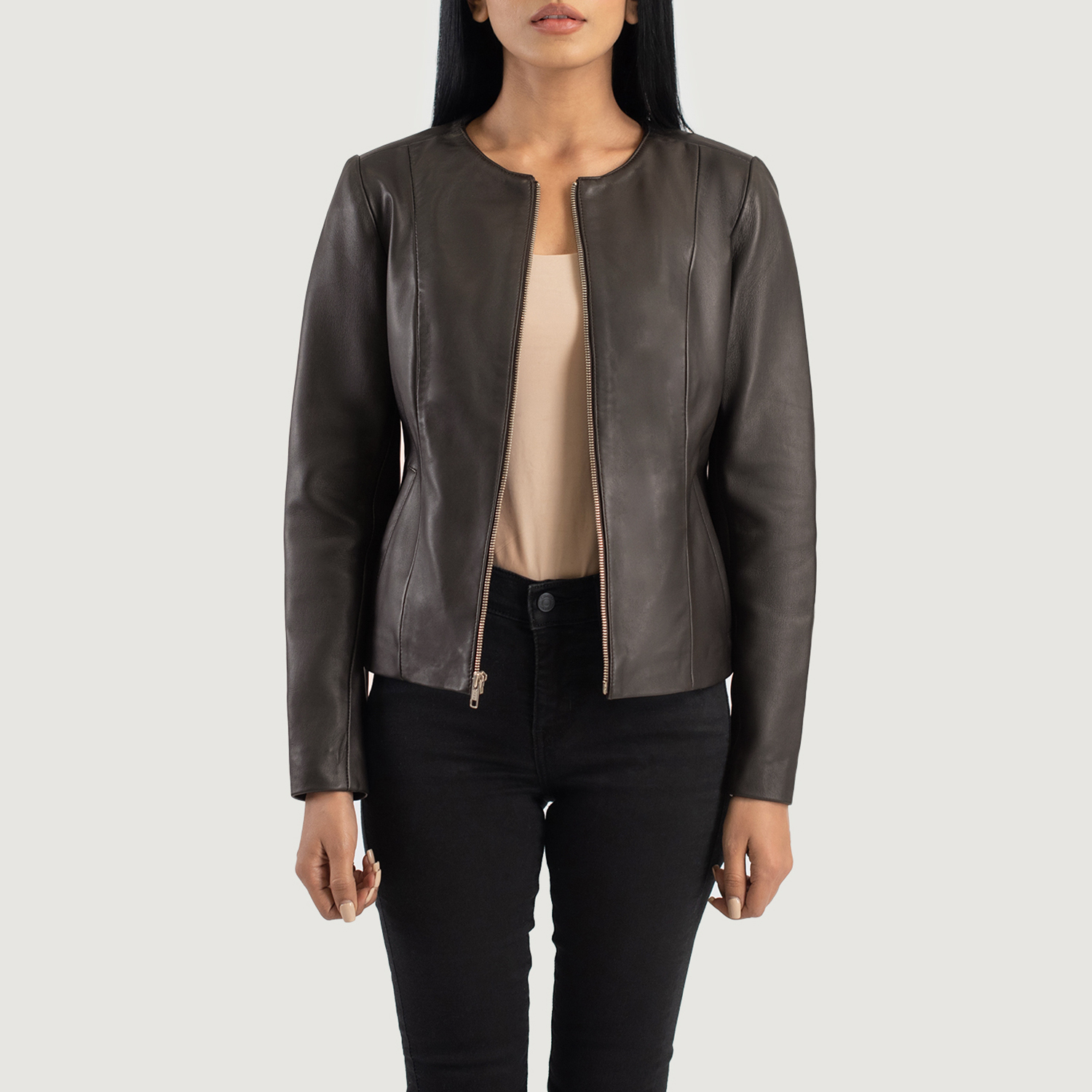 Bronze Aura Women's Brown Collarless Leather Jacket