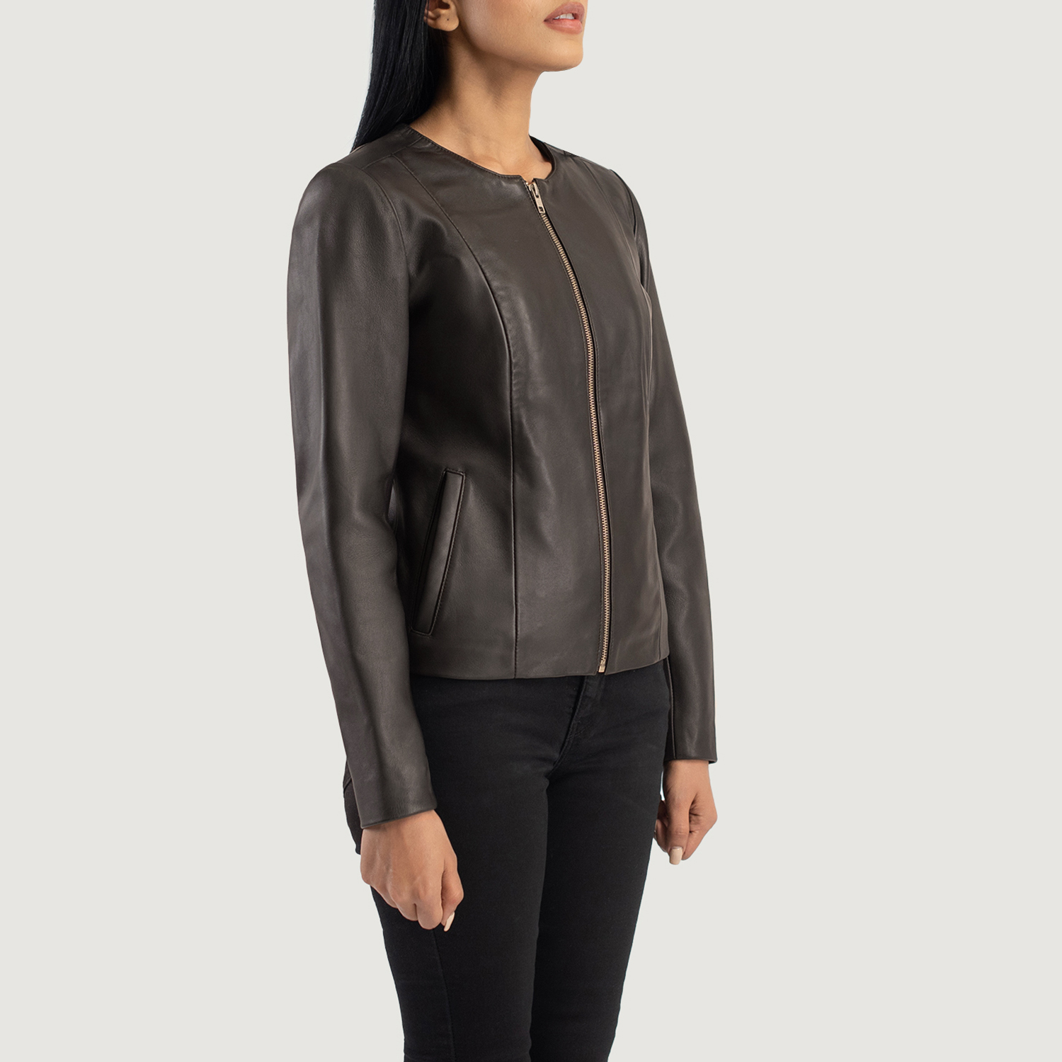 Bronze Aura Women's Brown Collarless Leather Jacket