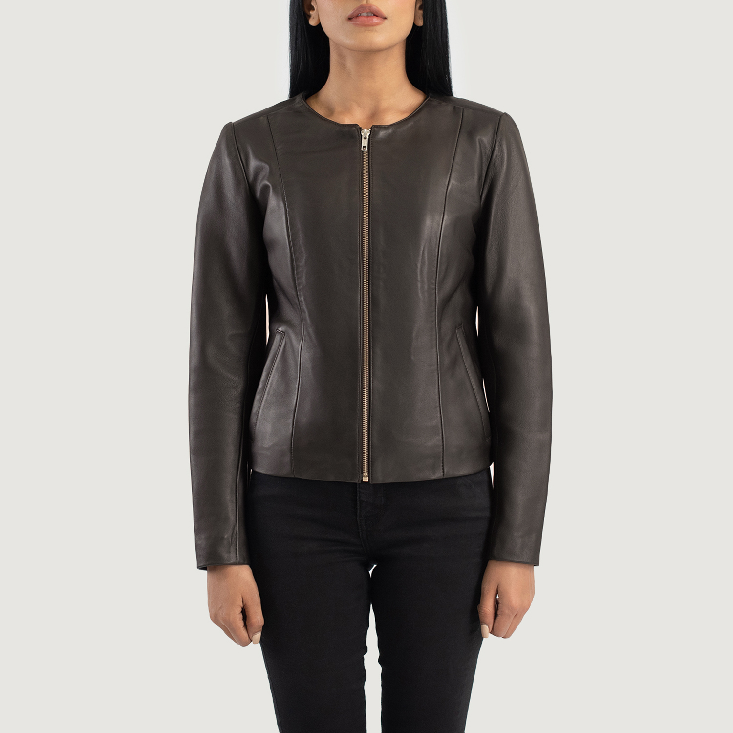 Bronze Aura Women's Brown Collarless Leather Jacket