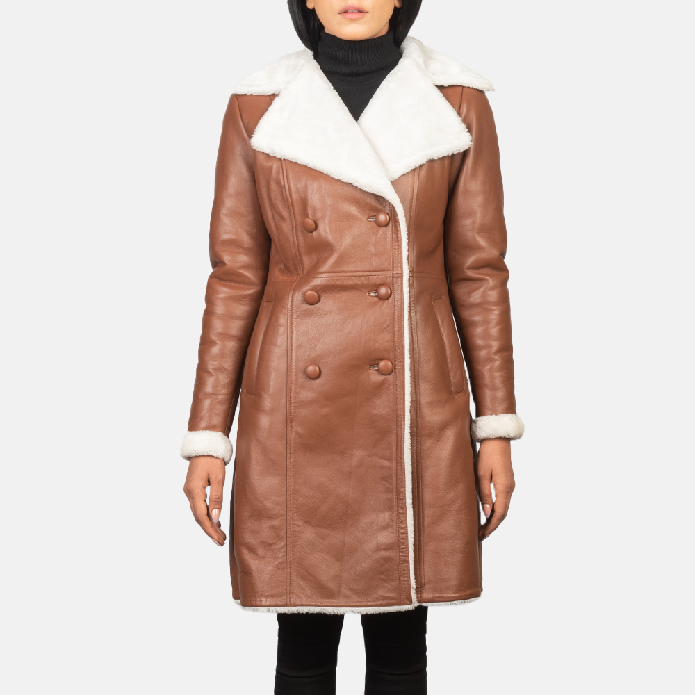 Autumn Majesty Women's Brown Leather Double-Breasted Coat