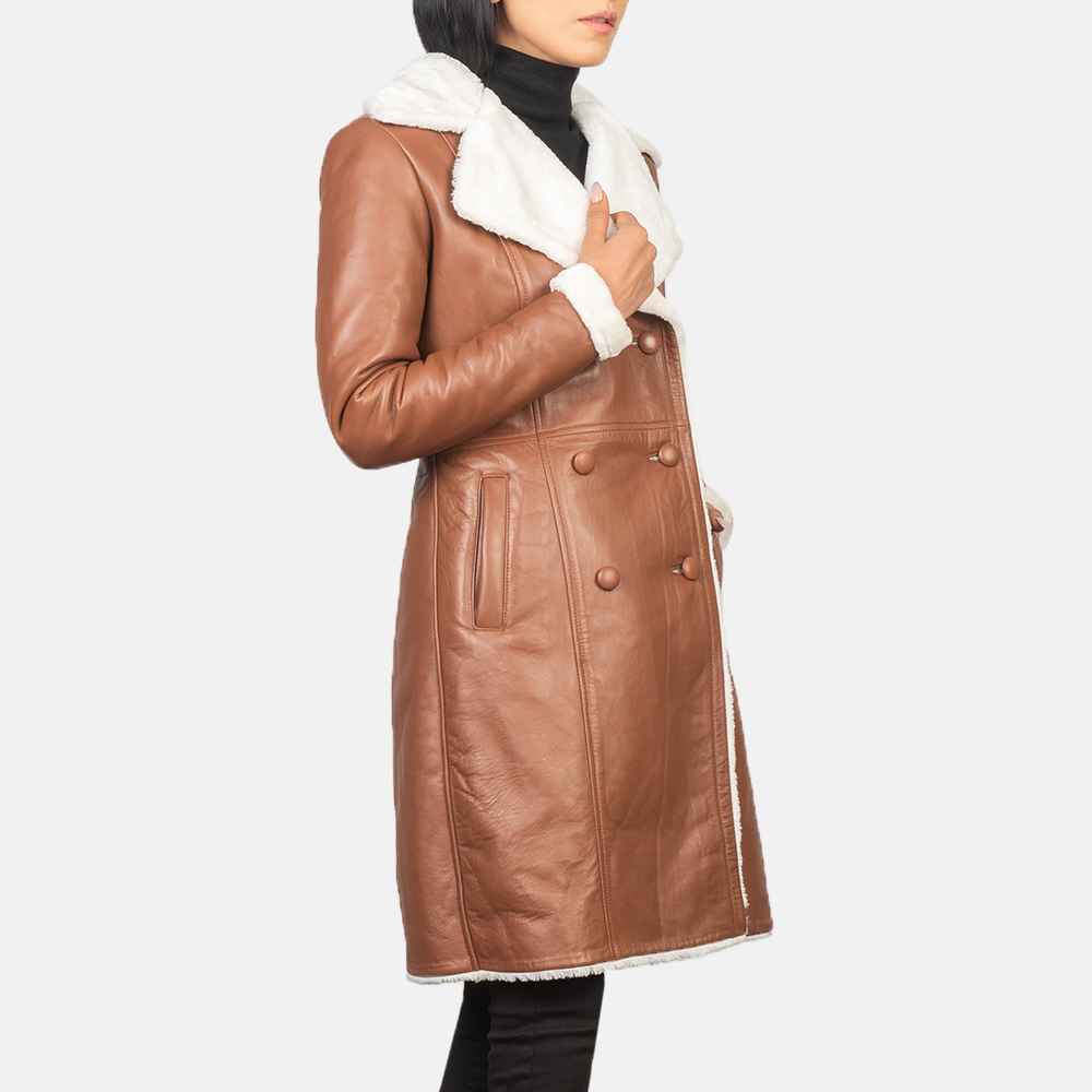 Autumn Majesty Women's Brown Leather Double-Breasted Coat