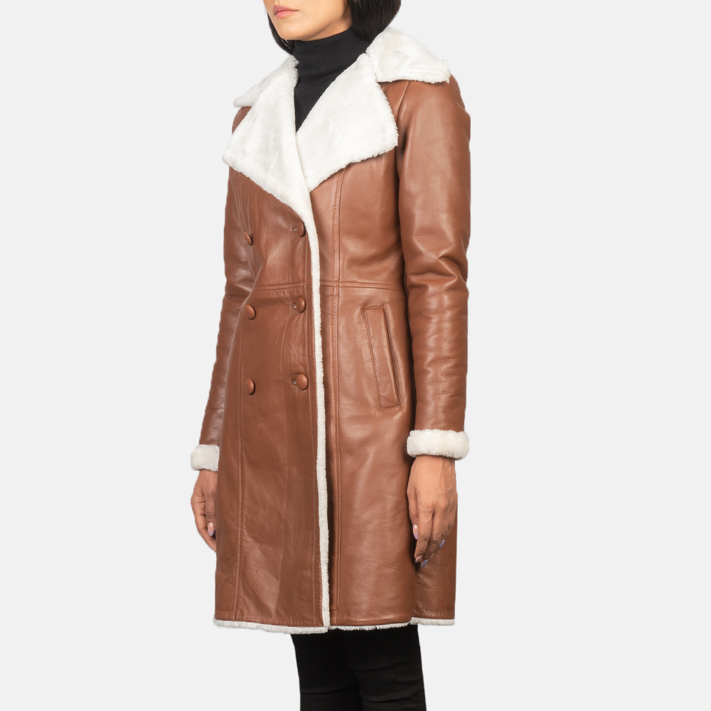 Autumn Majesty Women's Brown Leather Double-Breasted Coat
