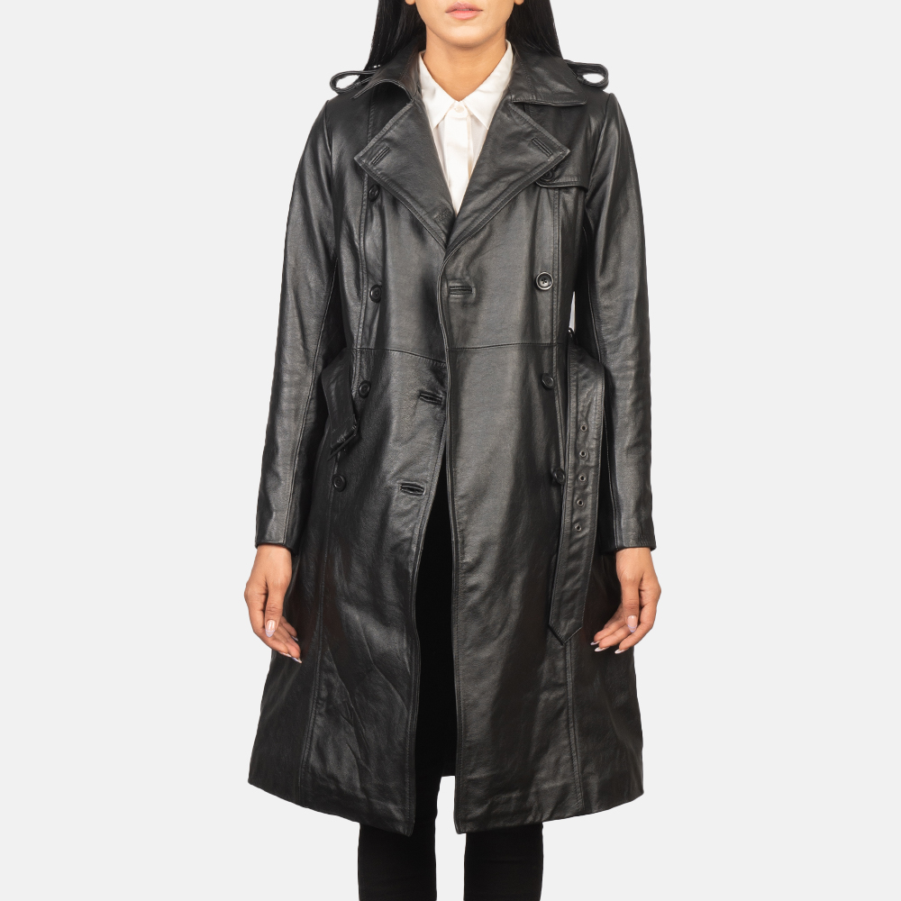 Ebony Luxe Women's Black Leather Double-Breasted Coat
