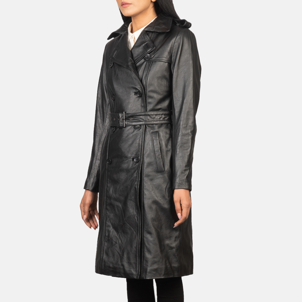Ebony Luxe Women's Black Leather Double-Breasted Coat