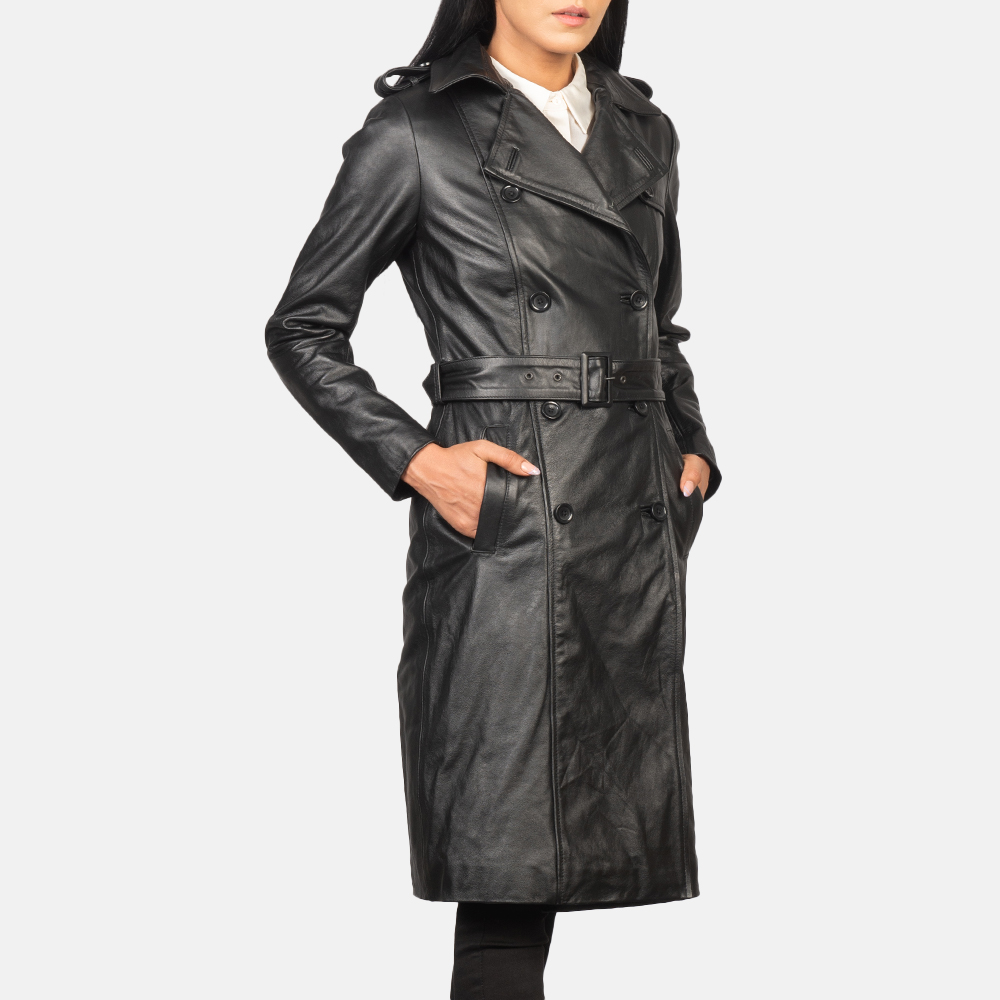 Ebony Luxe Women's Black Leather Double-Breasted Coat