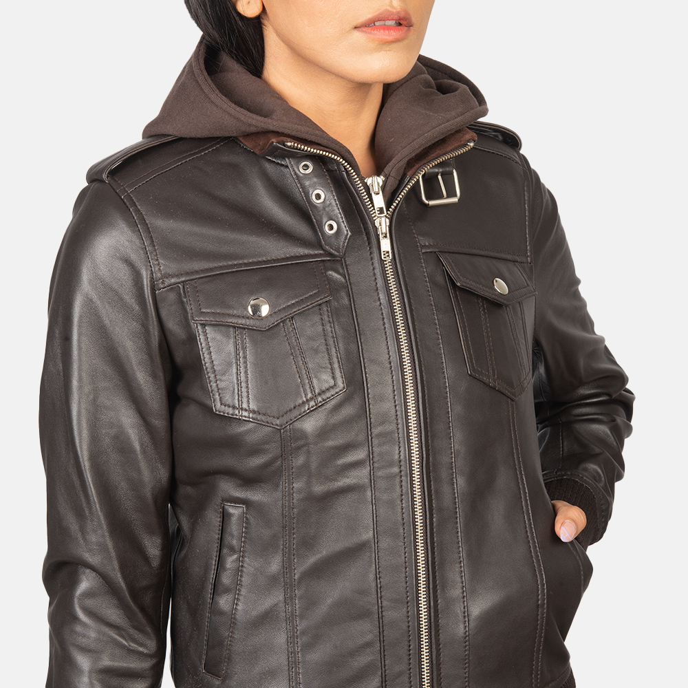 Autumn Breeze Women's Brown Leather Hooded Bomber Jacket