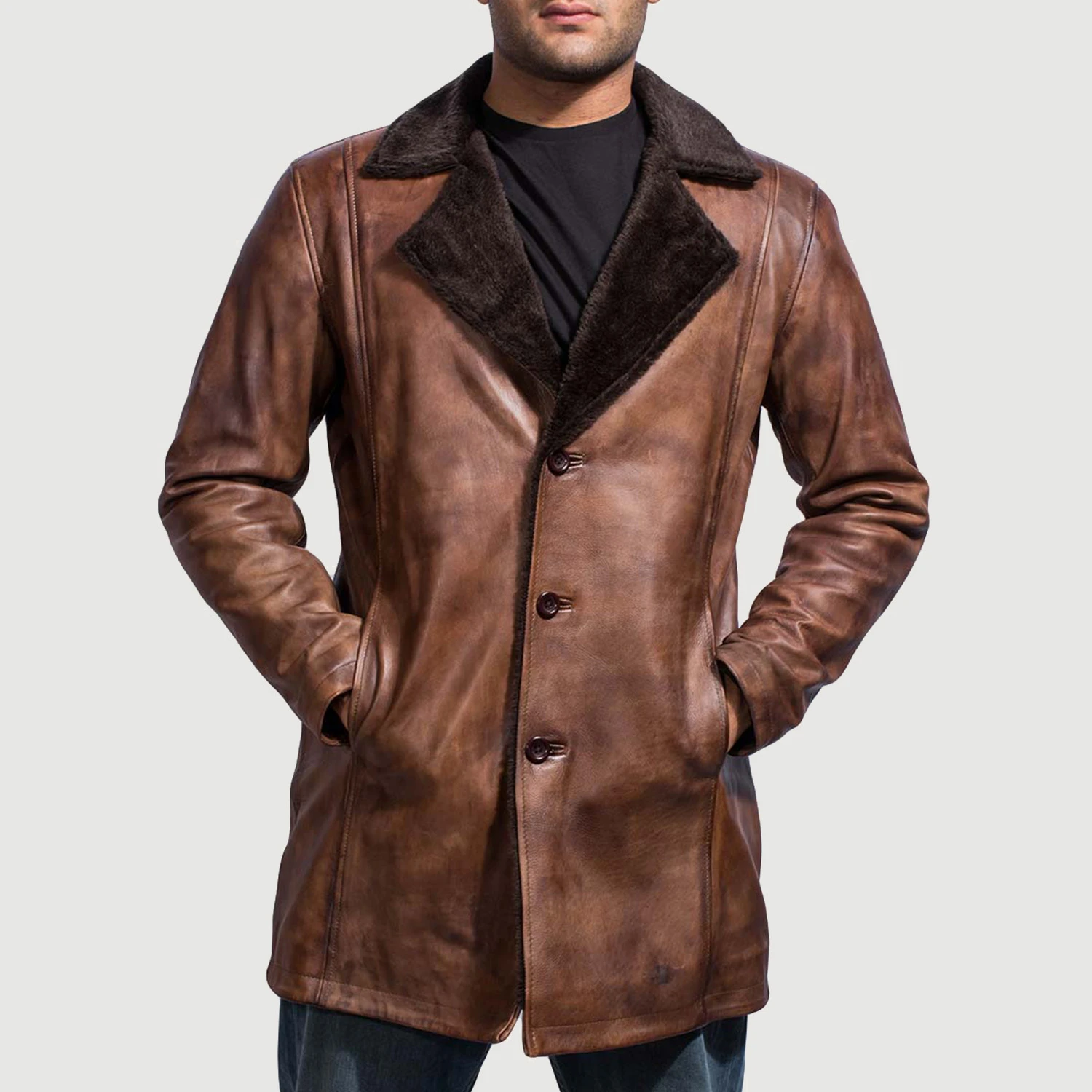 Timber Luxe Men's Brown Leather Fur Coat