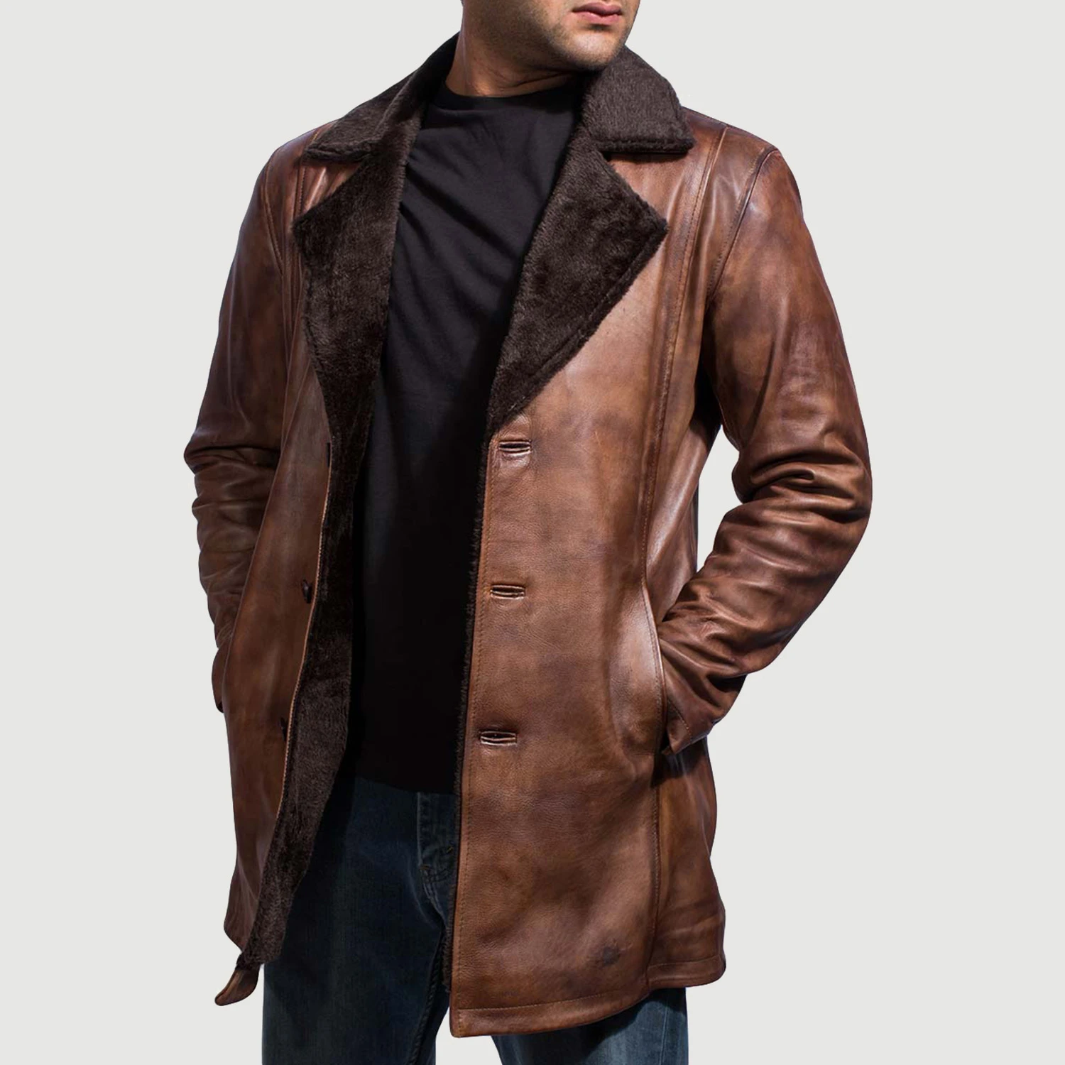 Timber Luxe Men's Brown Leather Fur Coat