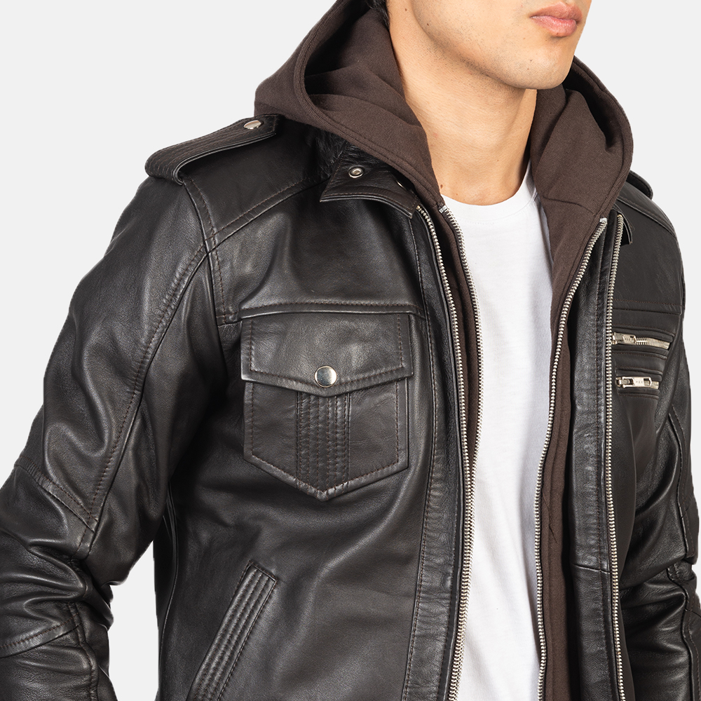 Rustic Trail Men's Brown Leather Hooded Bomber Jacket