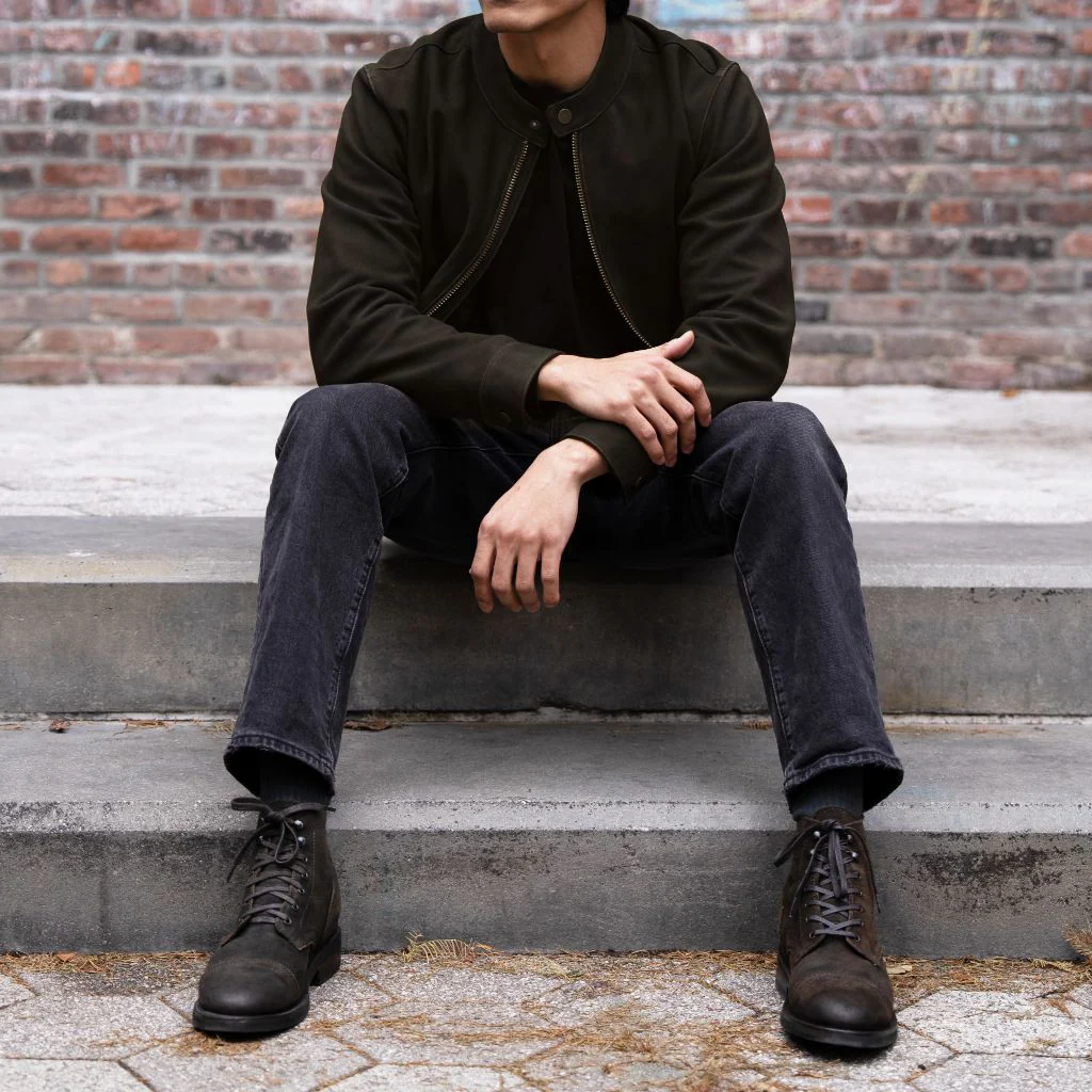 Men’s Dark Olive Suede Leather Racer Jacket | Sleek, Premium & Timeless