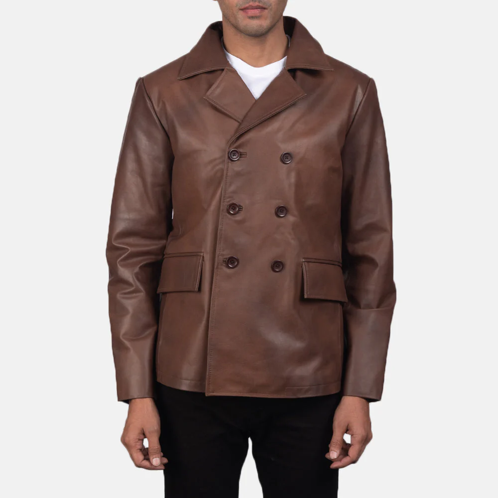 Men’s Brown Leather Naval Peacoat | Classic, Bold & Timeless