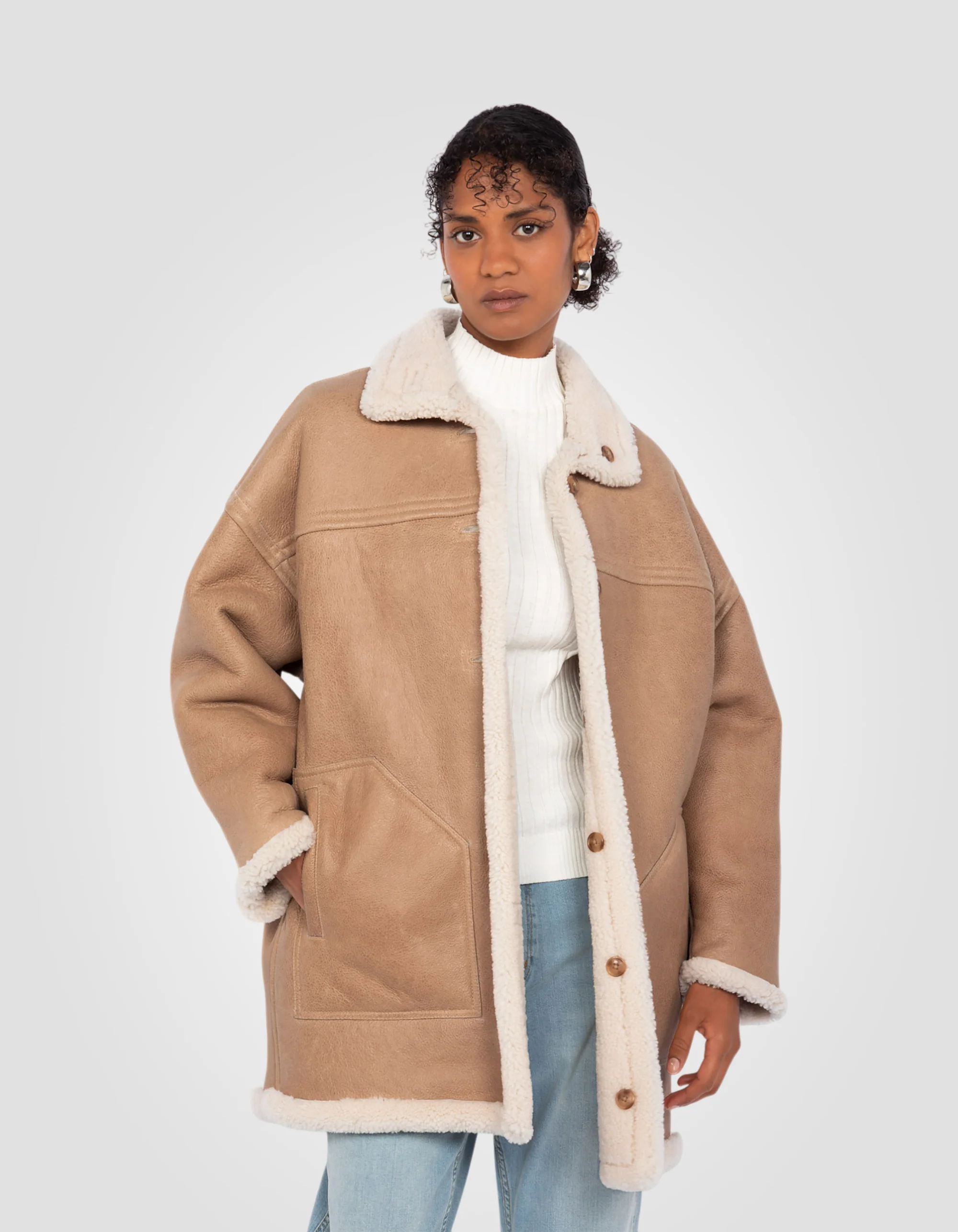 Sand Reversible Shearling Long Coat