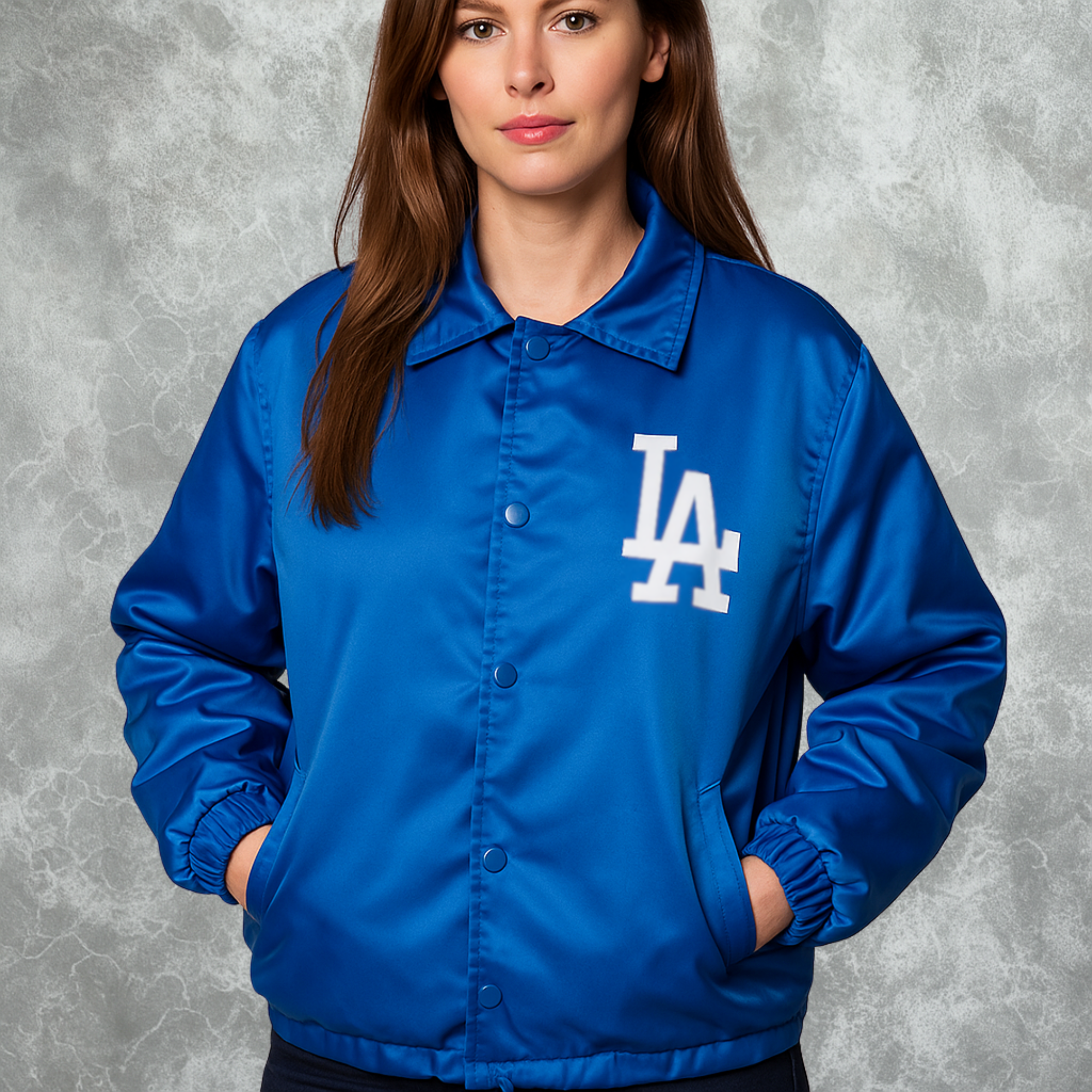 LA Dodgers Inspired Vintage Logo Royal Lightweight Satin Jacket For Women
